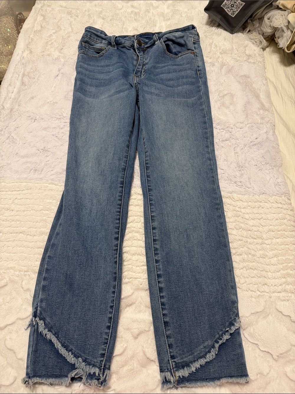 Grace & Lace Medium Blue Frayed Hem Wide Leg Jeans